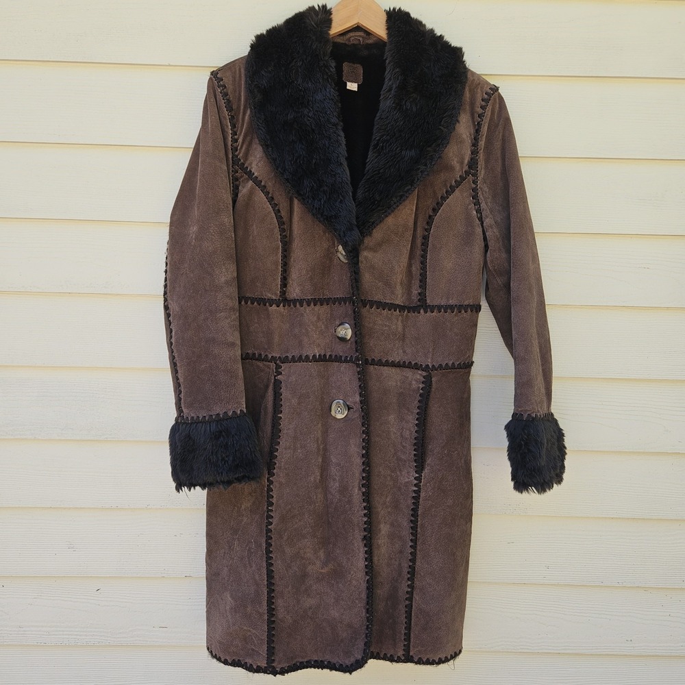Wilsons Leather Suede Penny Lane Coat Women Large Brown Cozy Faux Fur Collar Y2K